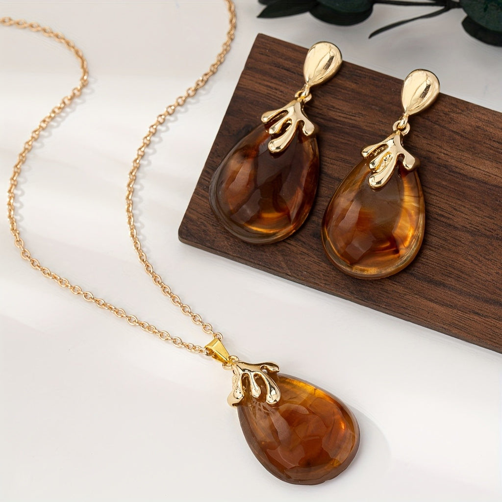 14k Vintage Amber Drop Jewelry Set
