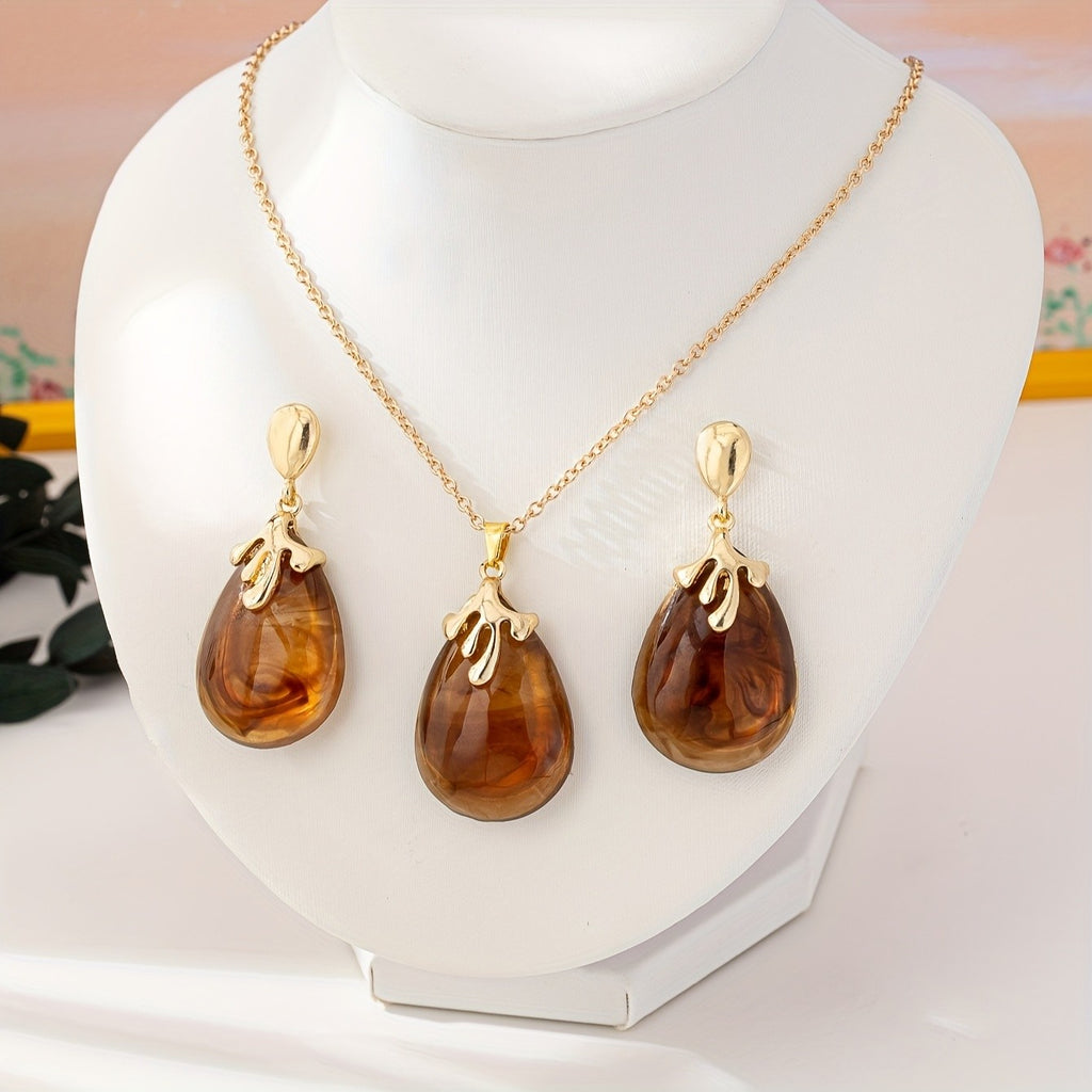 14k Vintage Amber Drop Jewelry Set