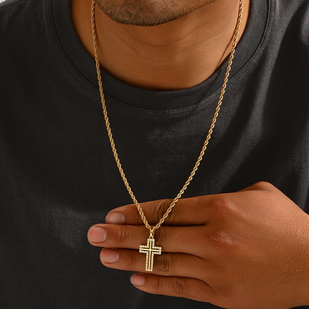 18k Paved Cross Rope Necklace