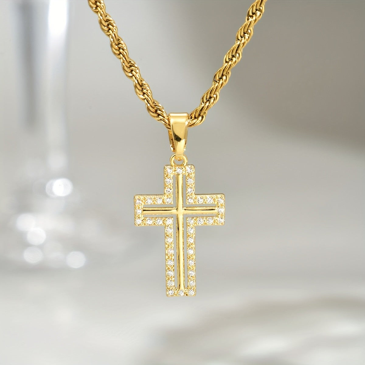 18k Paved Cross Rope Necklace