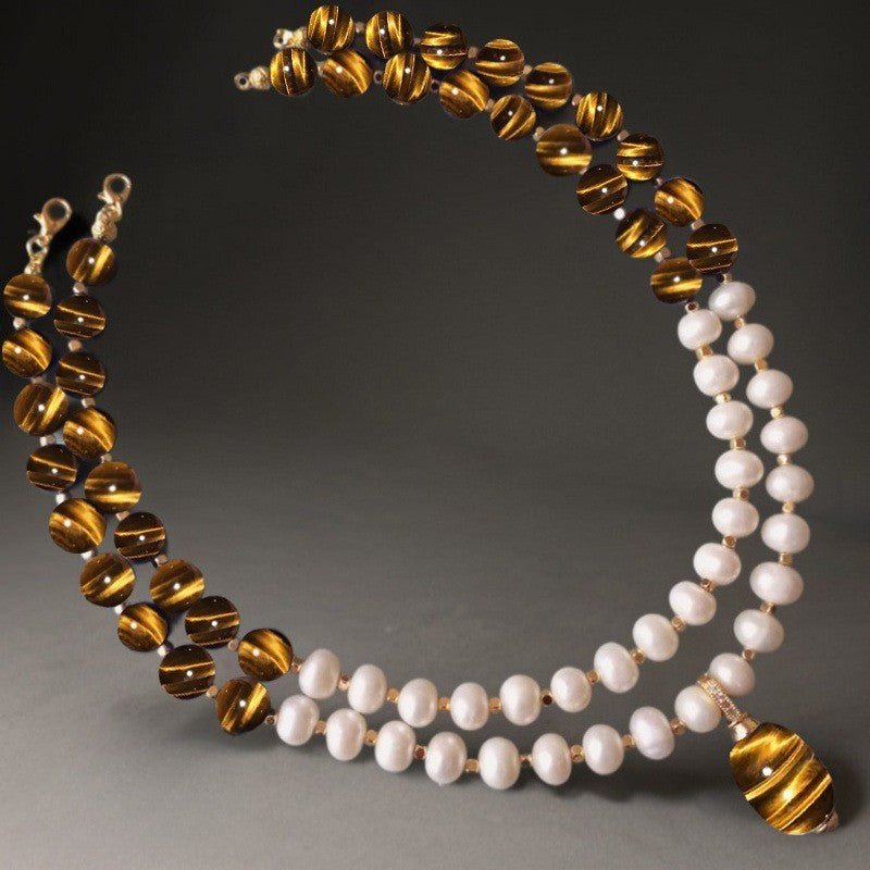 2PC Tiger Eye Pearl Necklace Set