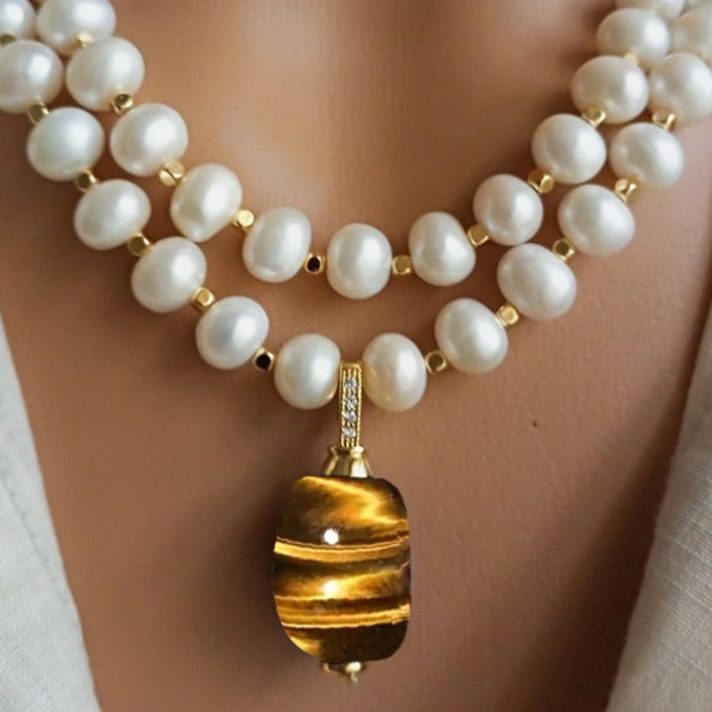 2PC Tiger Eye Pearl Necklace Set