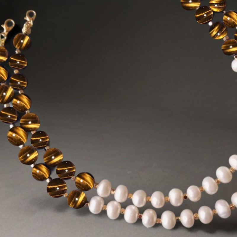 2PC Tiger Eye Pearl Necklace Set
