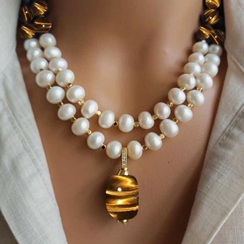2PC Tiger Eye Pearl Necklace Set