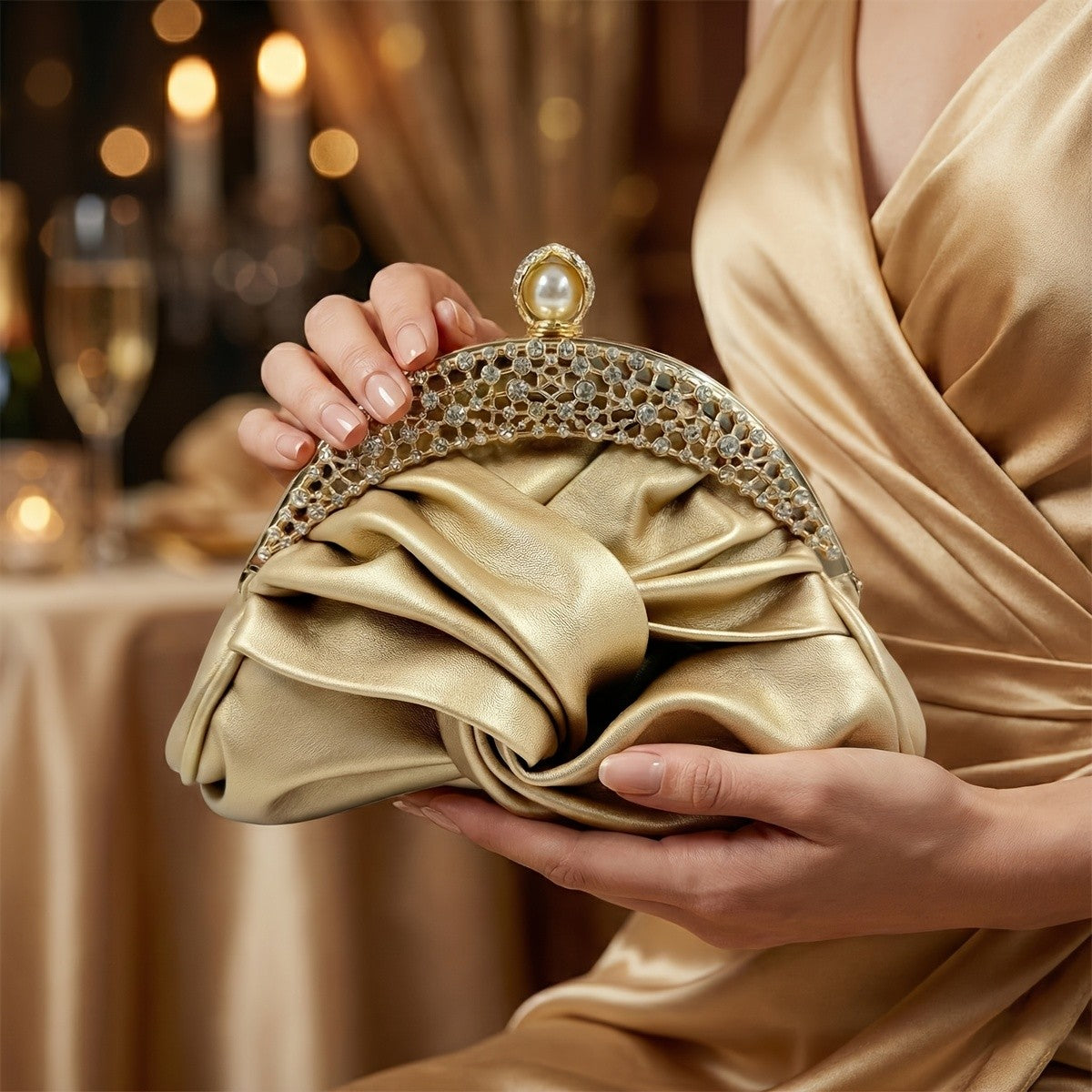 Elegant Pleated Pearl Clutch
