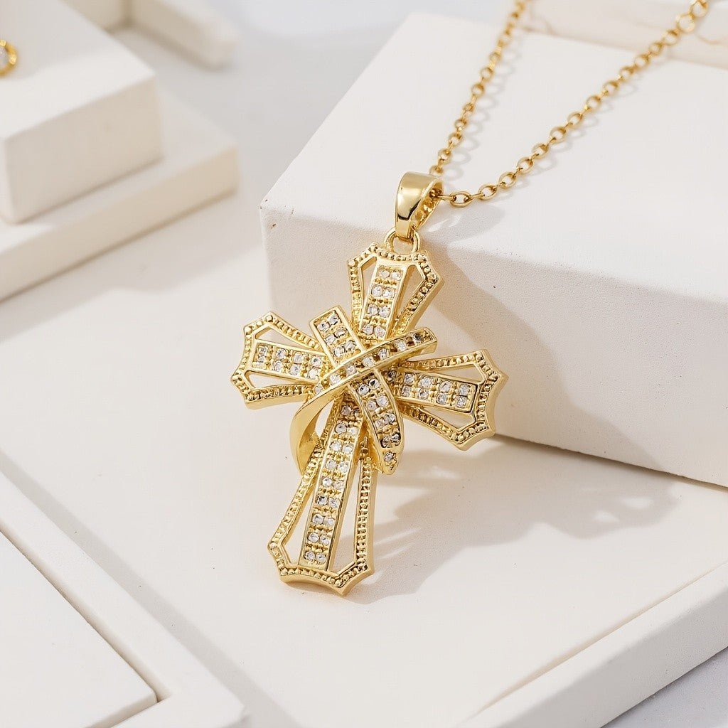 18k Vintage Geometric Cross Necklace