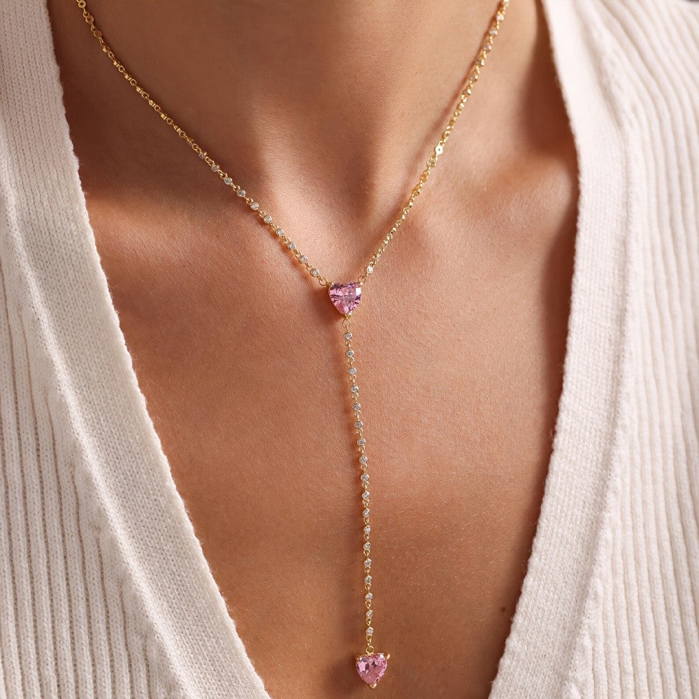 18k Elegant Pink Heart Y-Necklace