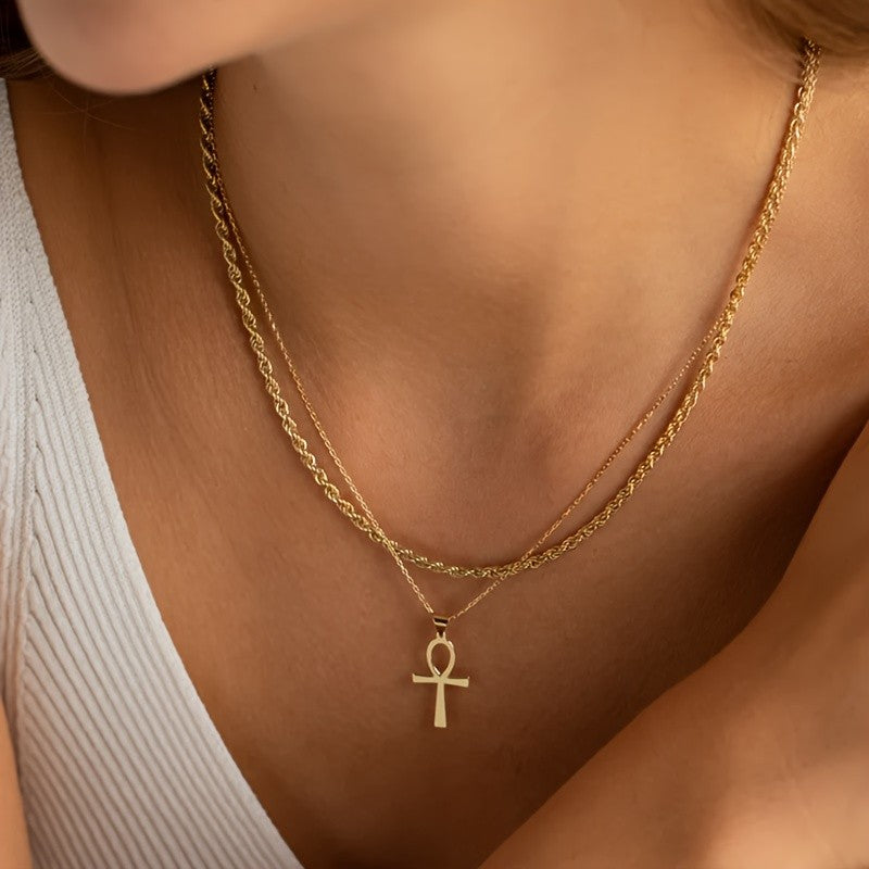 14k Dainty Ankh Layered Necklace