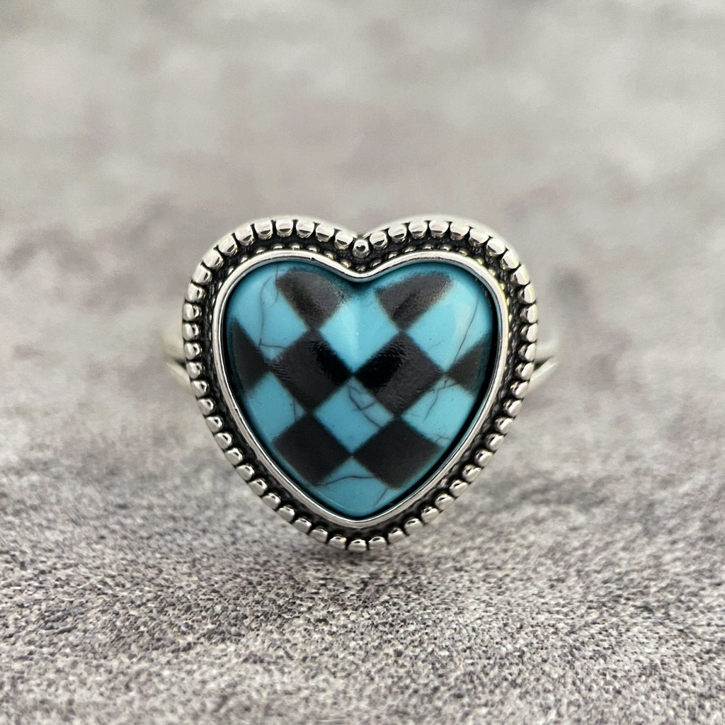Boho Checkered Turquoise Heart Ring