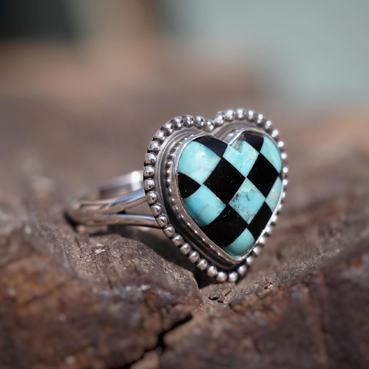 Boho Checkered Turquoise Heart Ring