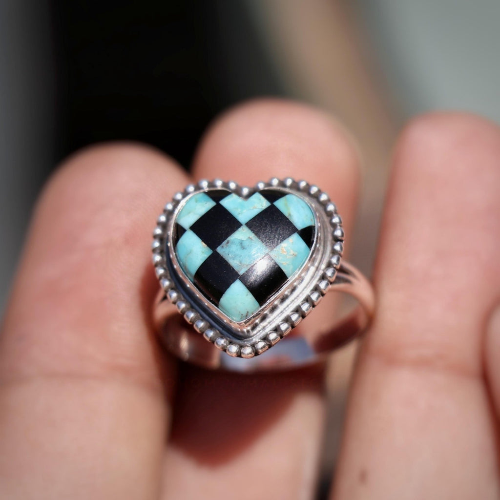 Boho Checkered Turquoise Heart Ring