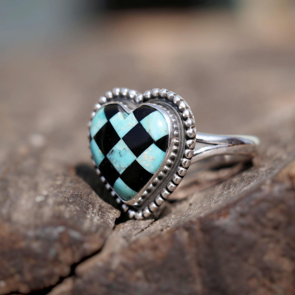 Boho Checkered Turquoise Heart Ring