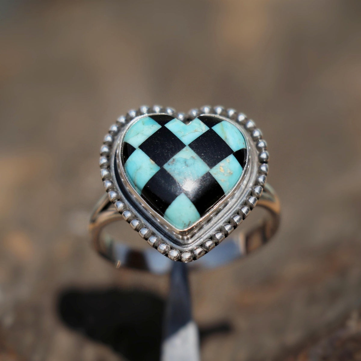 Boho Checkered Turquoise Heart Ring