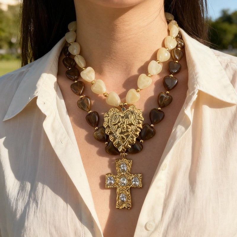 18k Dainty Vintage Heart Cross Necklace