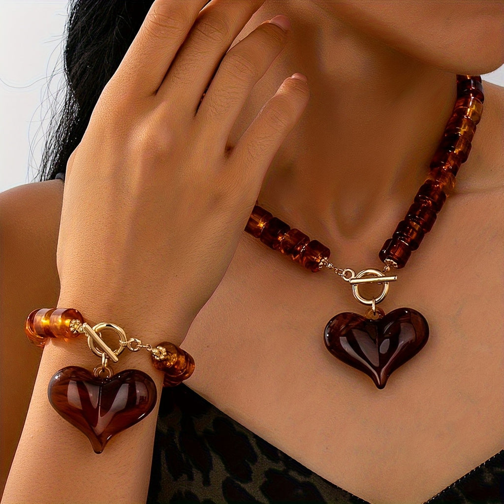Amber Heart Beaded Jewelry Set