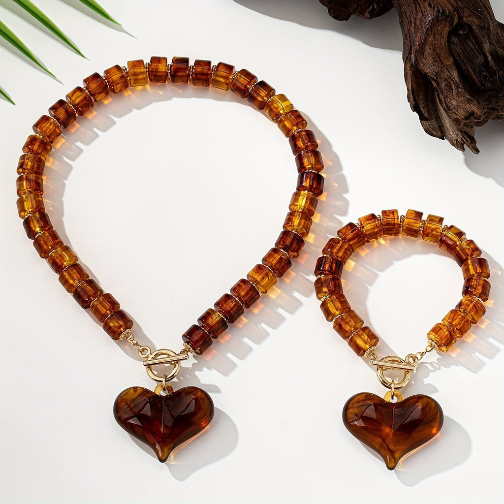 Amber Heart Beaded Jewelry Set