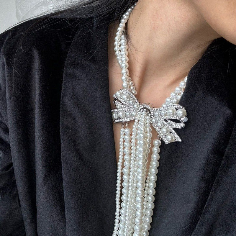Elegant Pearl Bow Tassel Necklace