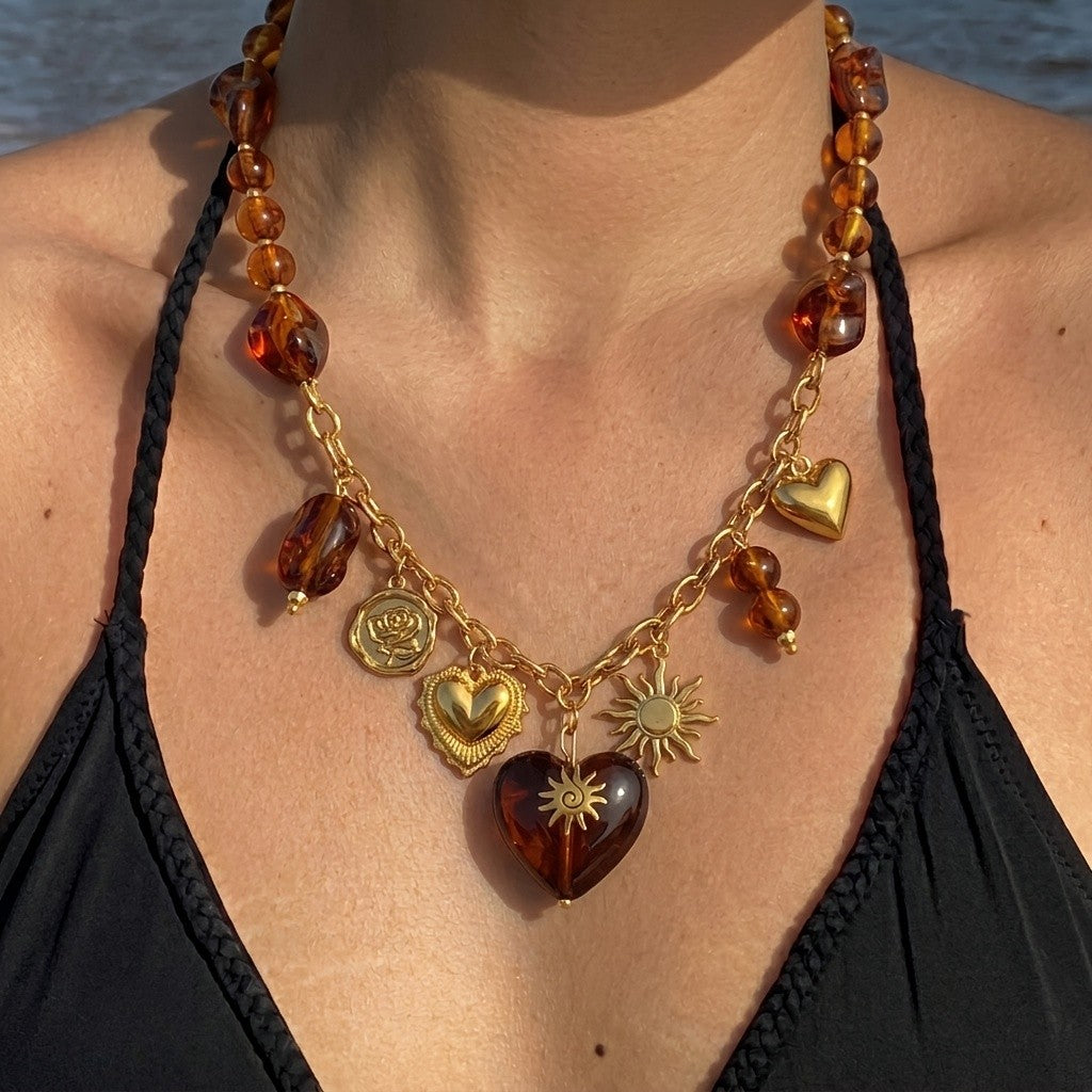 18k Boho Amber Heart Necklace