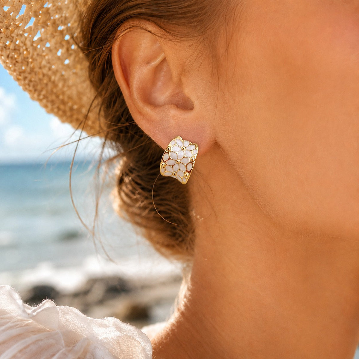 Vintage White Floral Hoop Earrings