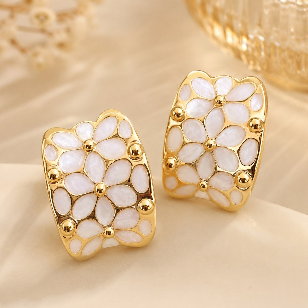 Vintage White Floral Hoop Earrings