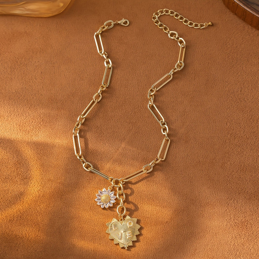 18k Vintage Sunflower Heart Necklace