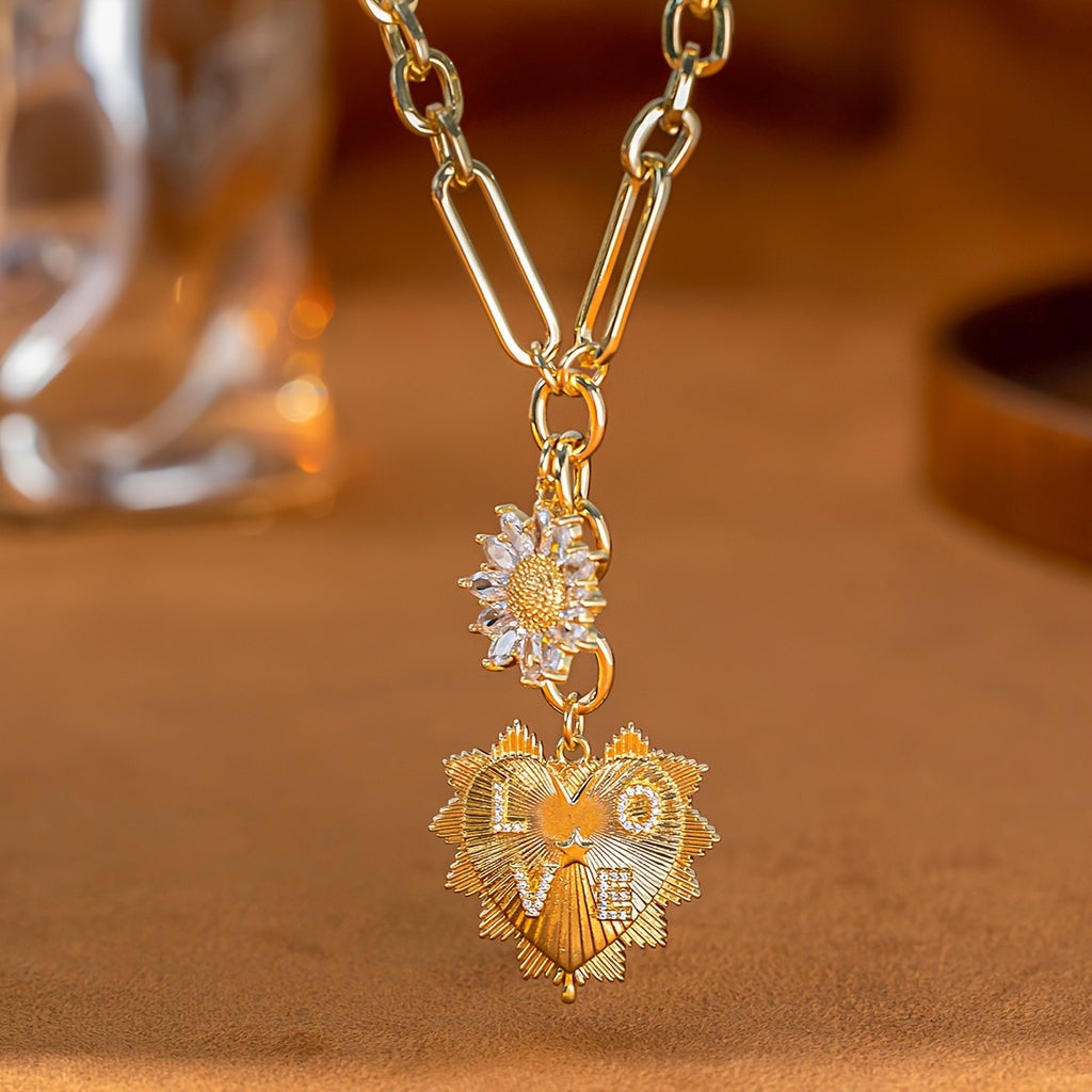 18k Vintage Sunflower Heart Necklace