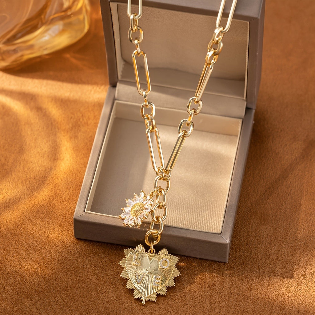 18k Vintage Sunflower Heart Necklace