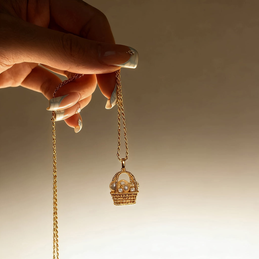 18k Dainty Pearl Basket Necklace