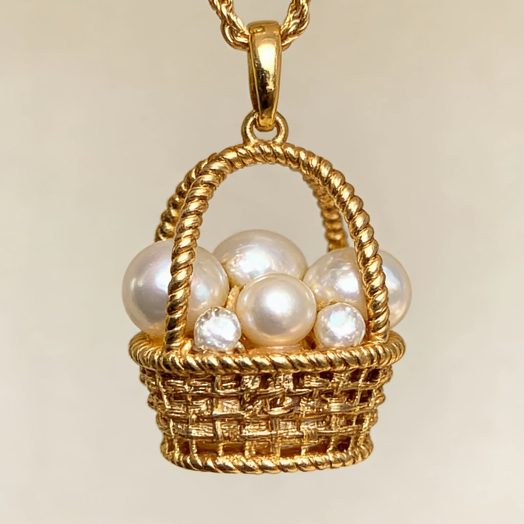 18k Dainty Pearl Basket Necklace