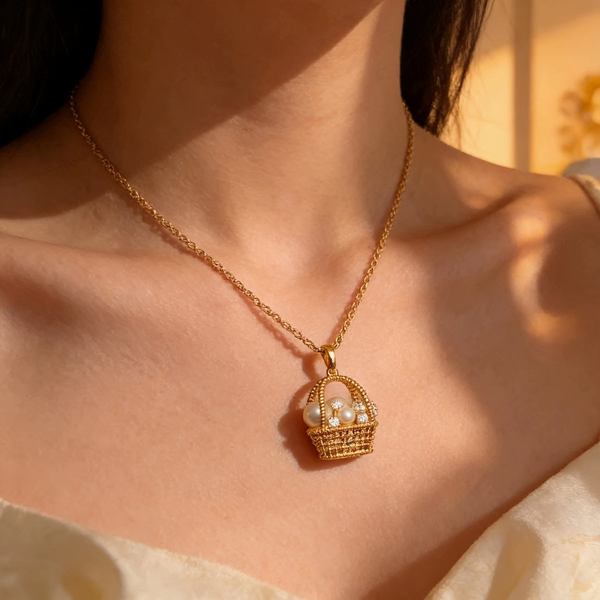 18k Dainty Pearl Basket Necklace