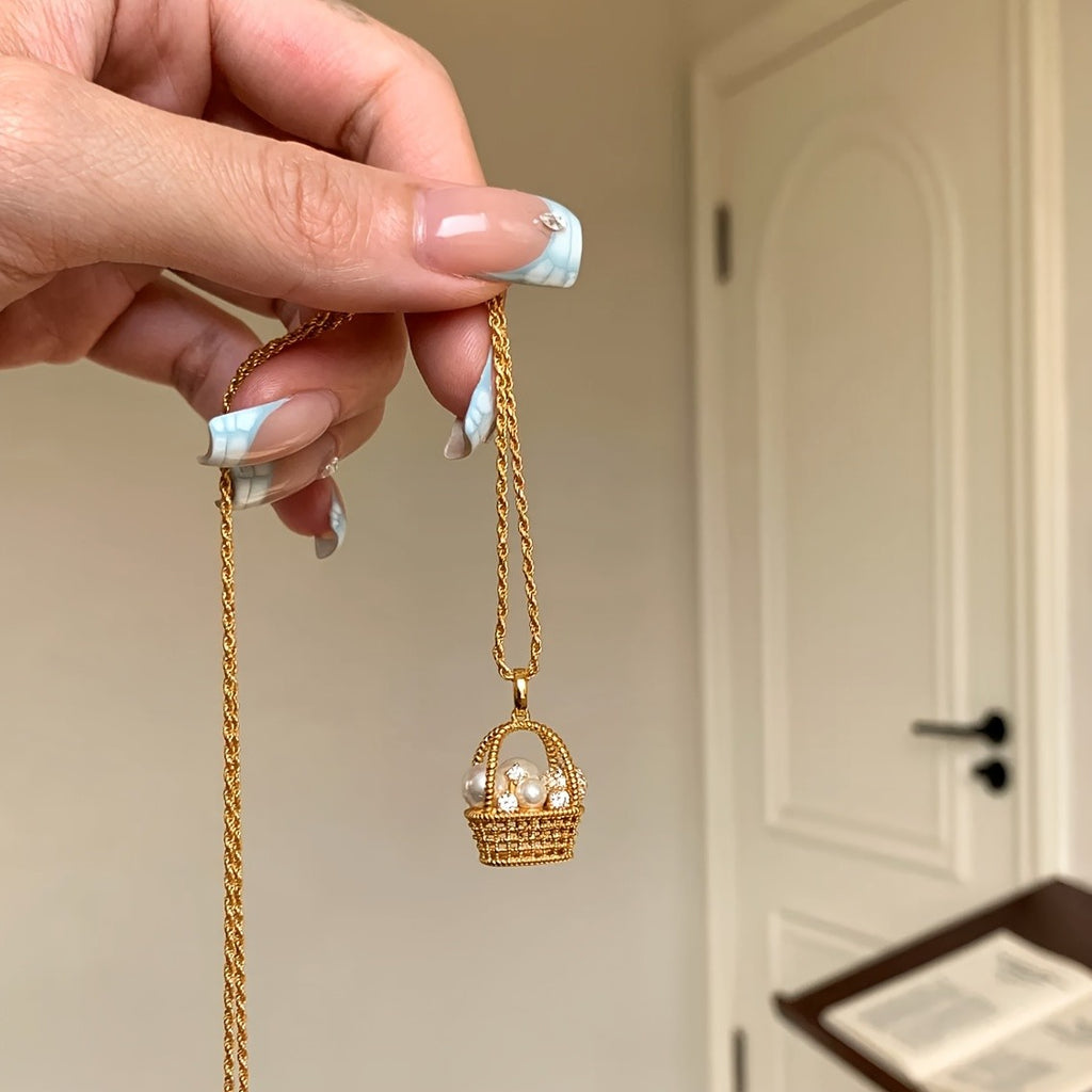 18k Dainty Pearl Basket Necklace