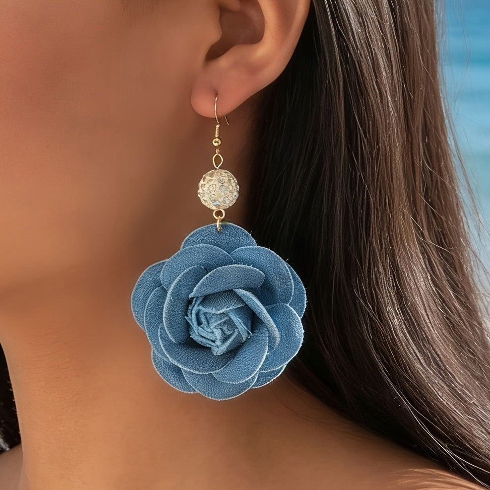 Denim Rose Drop Earrings