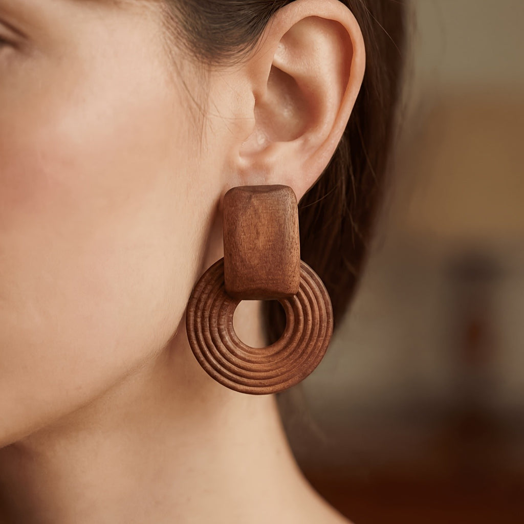 Vintage Wood Geometric Earrings