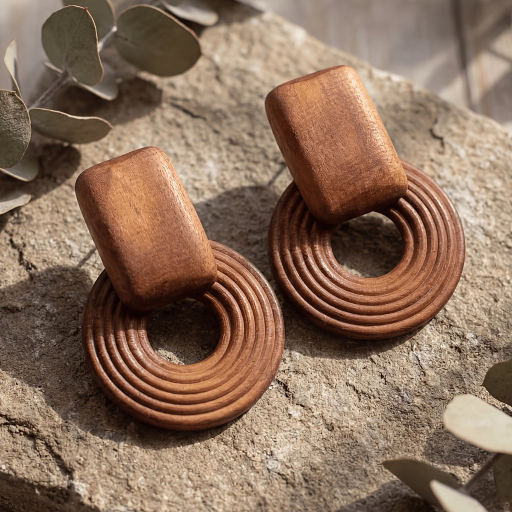 Vintage Wood Geometric Earrings