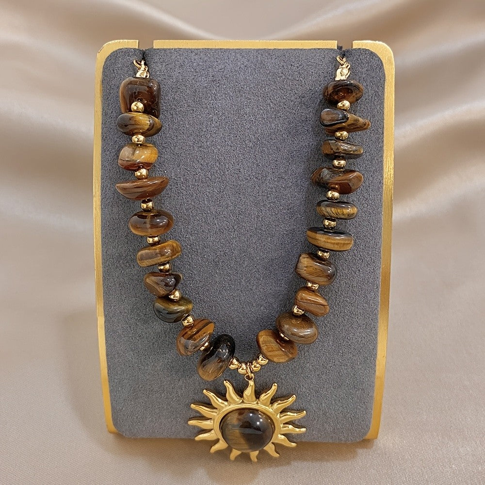18k Boho Tiger Eye Sun Necklace