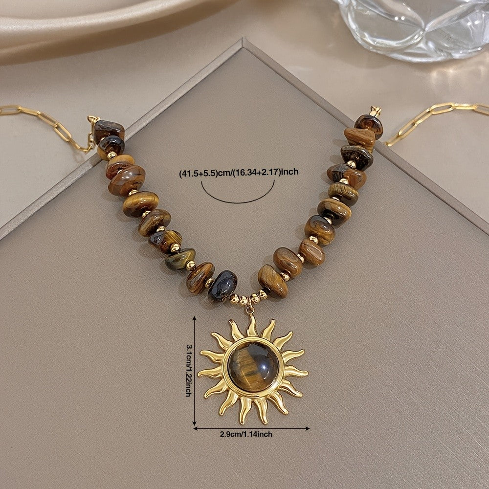 18k Boho Tiger Eye Sun Necklace