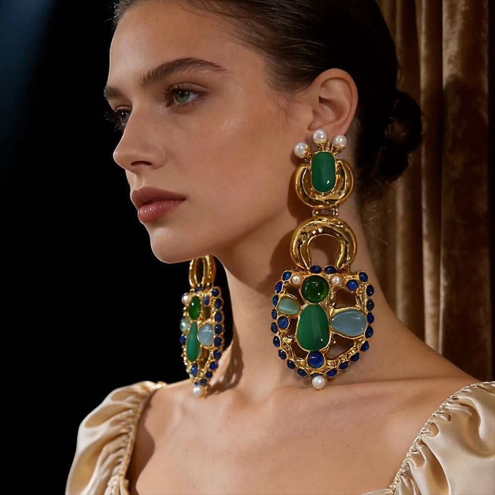 18k Vintage Green Gem Drop Earrings