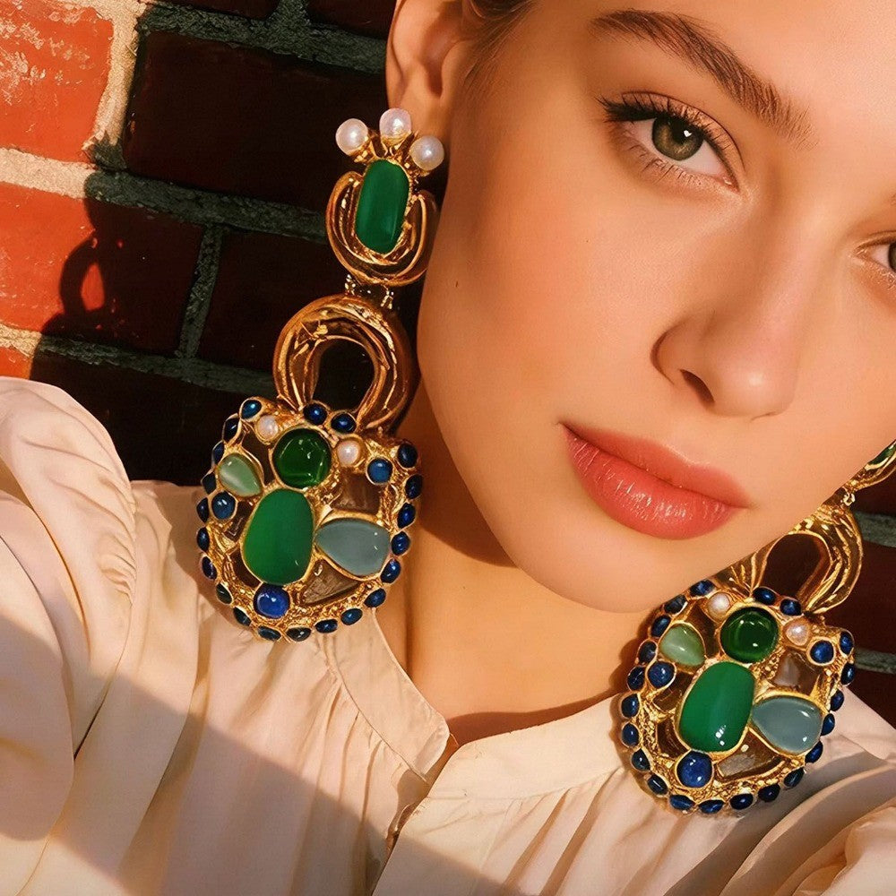 18k Vintage Green Gem Drop Earrings