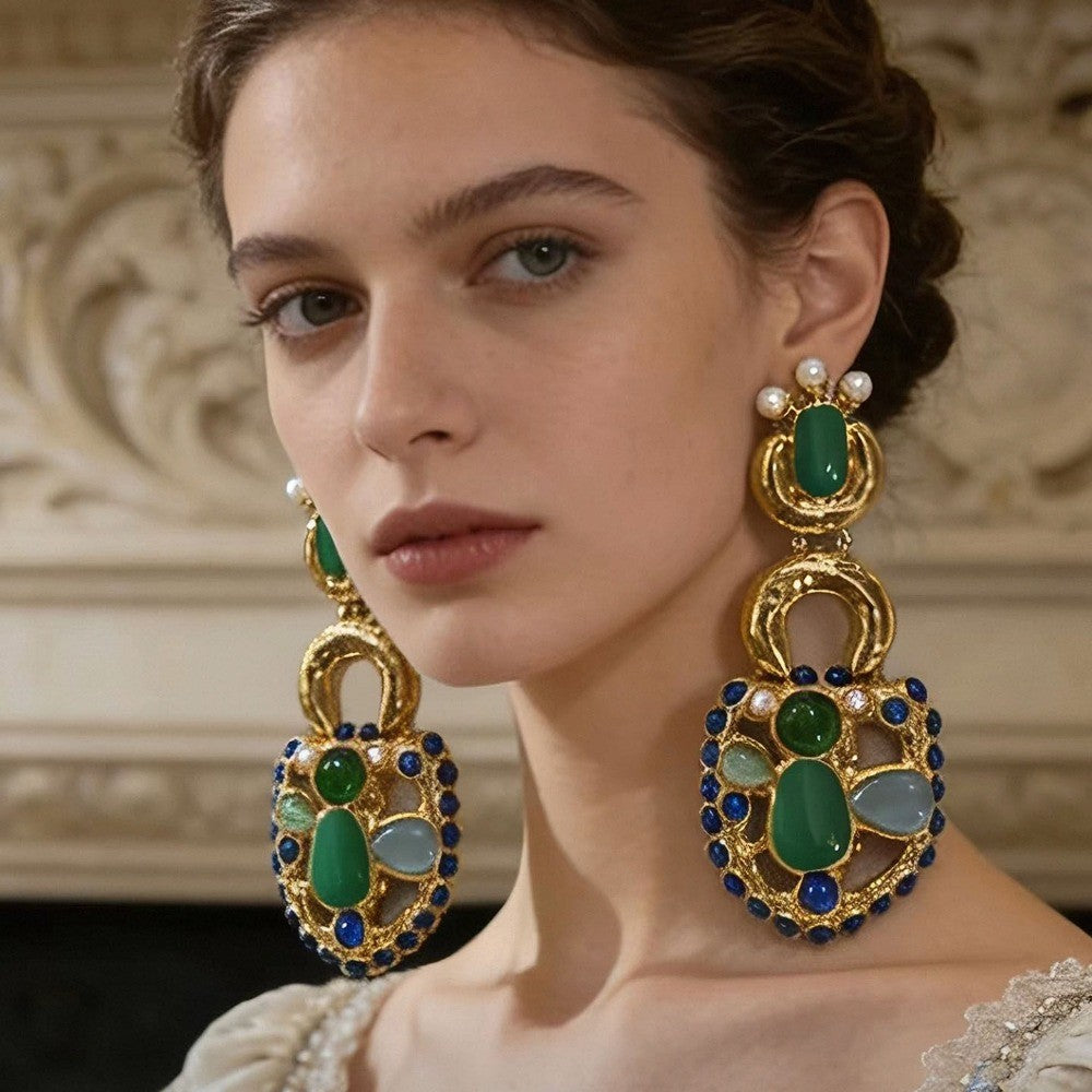 18k Vintage Green Gem Drop Earrings