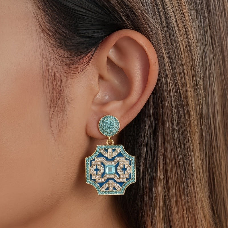 18k Vintage Blue Geometric Earrings