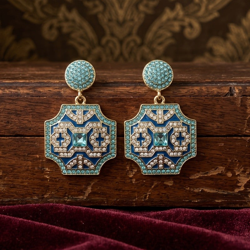 18k Vintage Blue Geometric Earrings