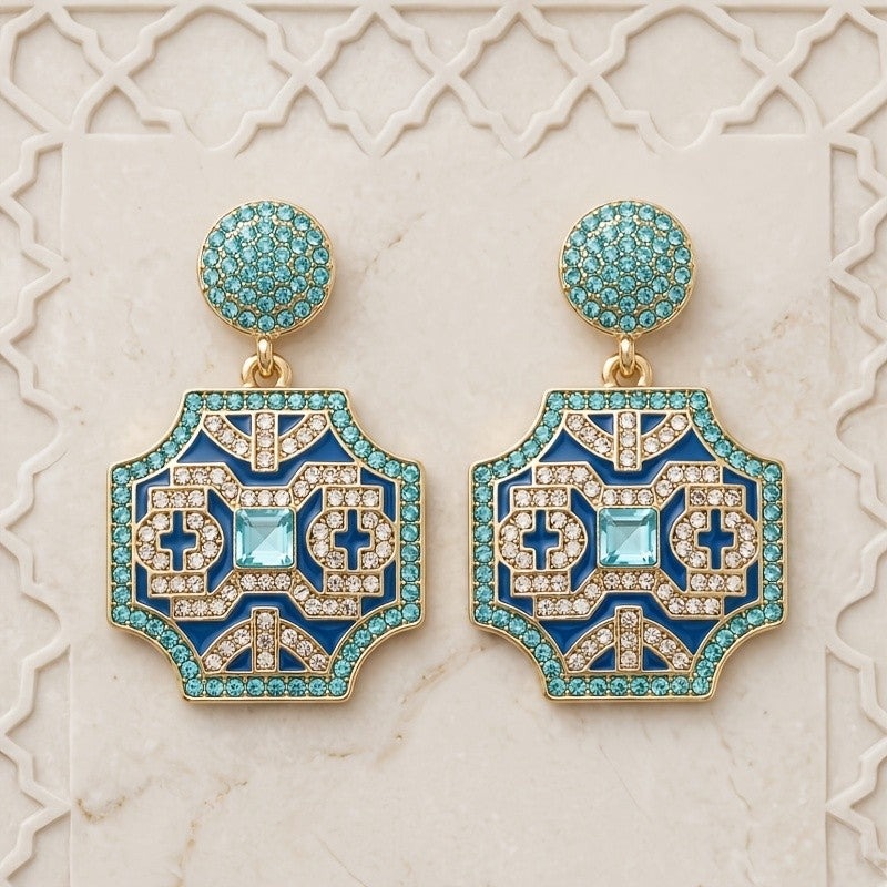 18k Vintage Blue Geometric Earrings