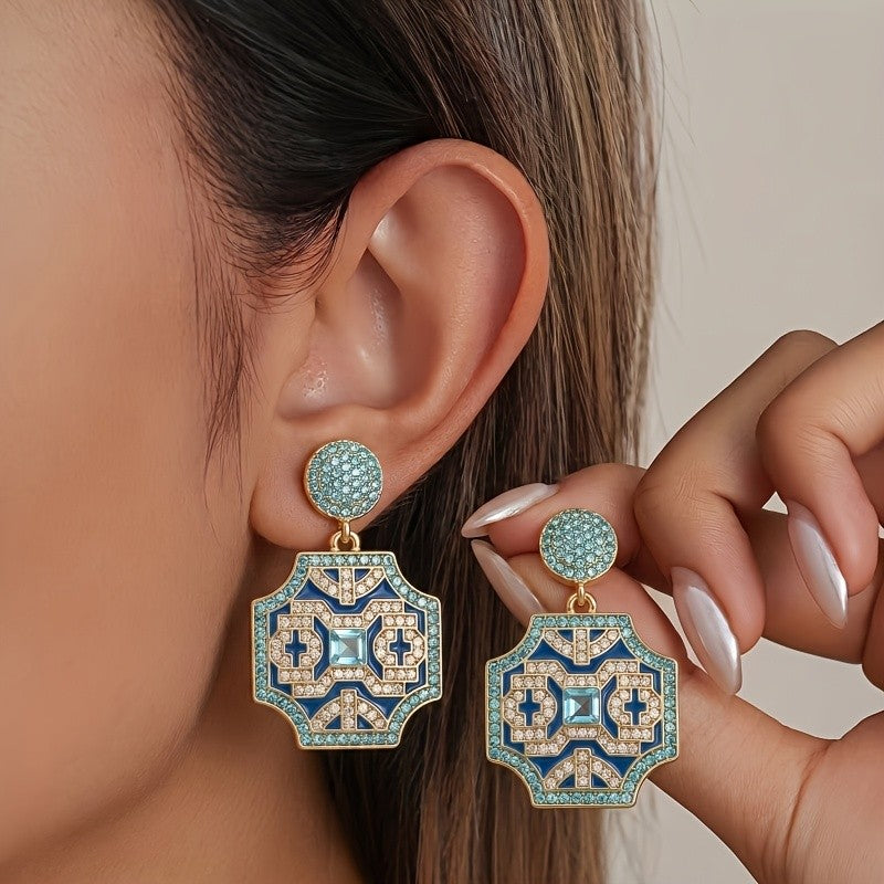 18k Vintage Blue Geometric Earrings