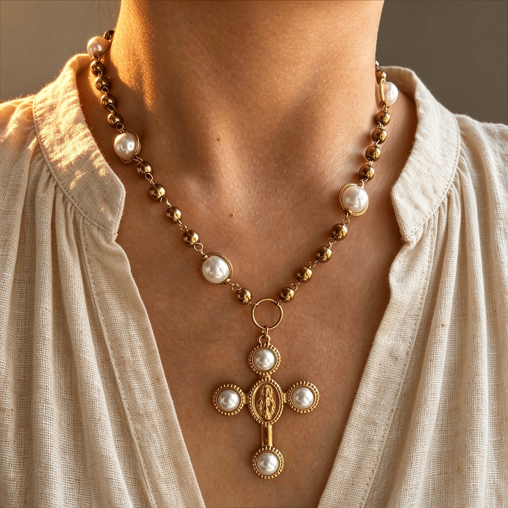 18k Vintage Pearl Cross Necklace