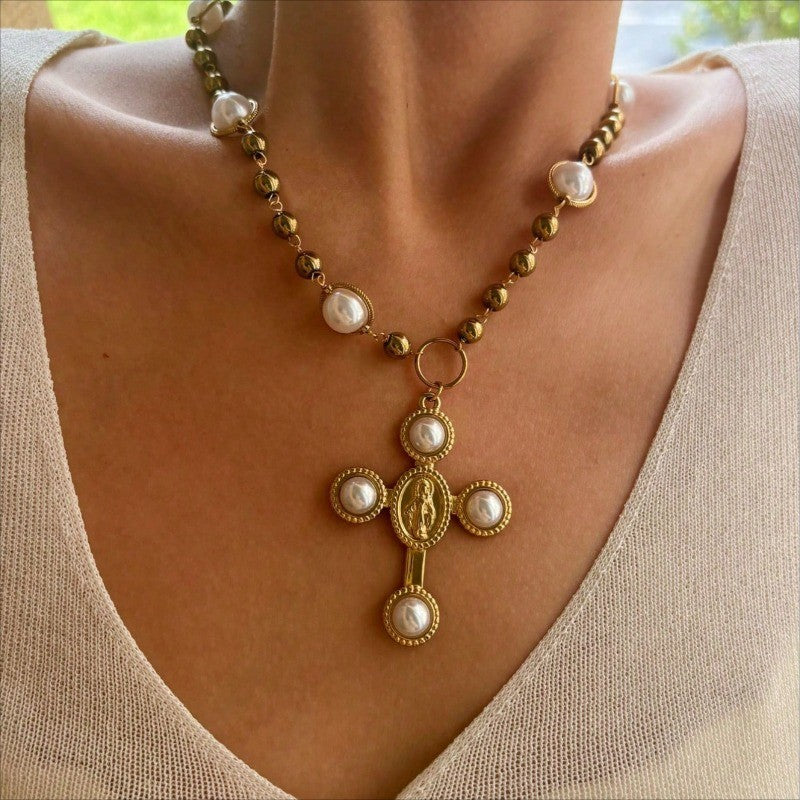 18k Vintage Pearl Cross Necklace