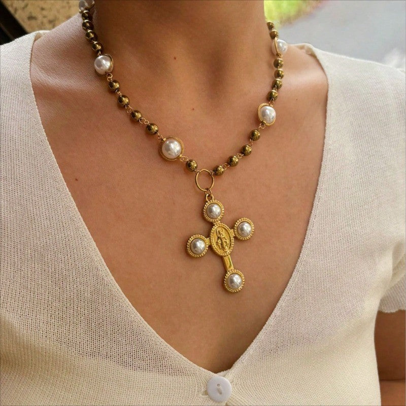 18k Vintage Pearl Cross Necklace