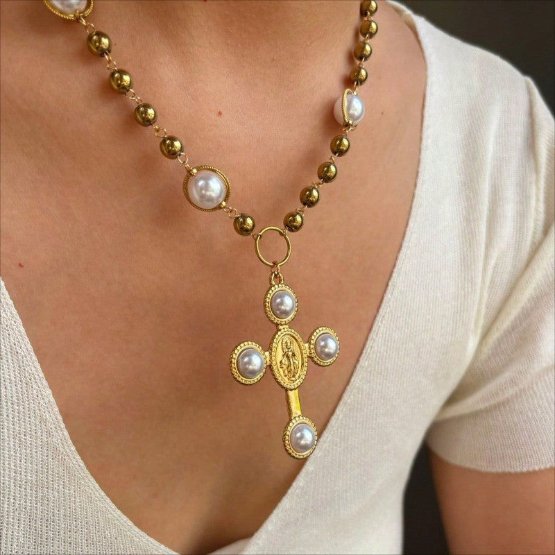 18k Vintage Pearl Cross Necklace