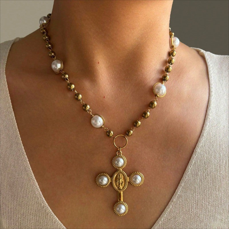 18k Vintage Pearl Cross Necklace