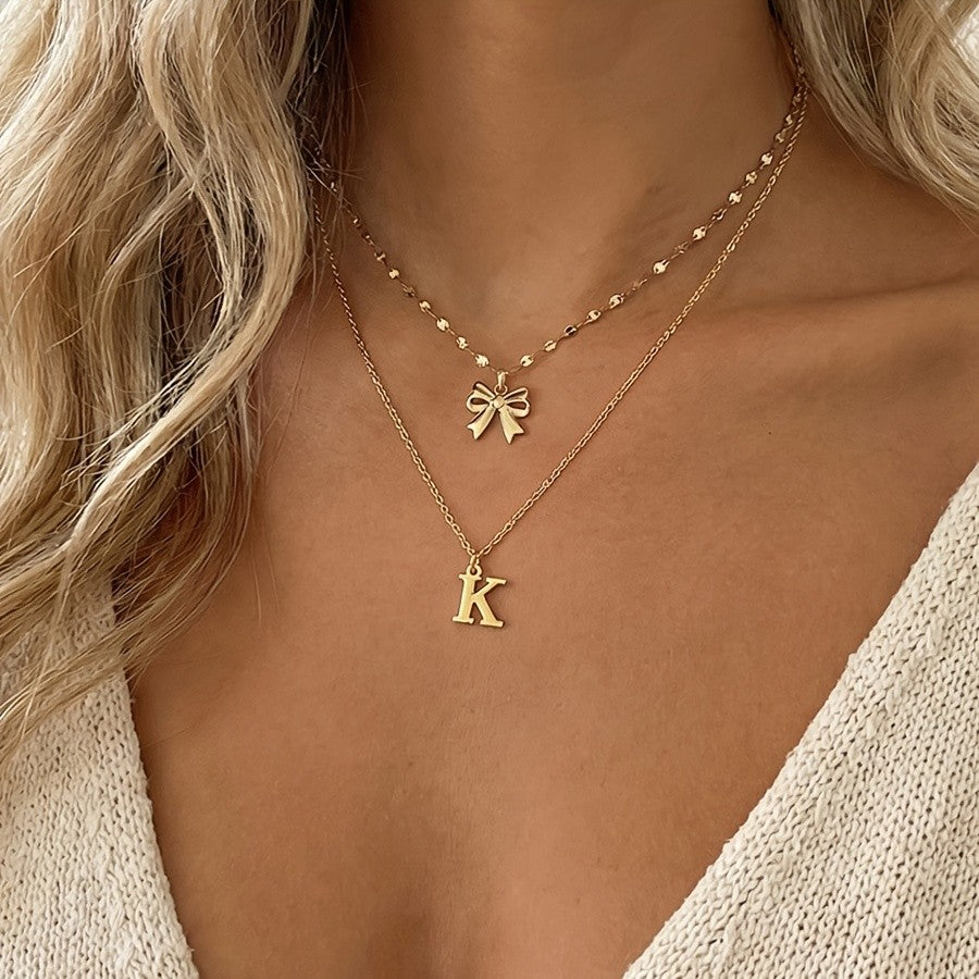 18k Dainty Bow & Initial Layered Necklace