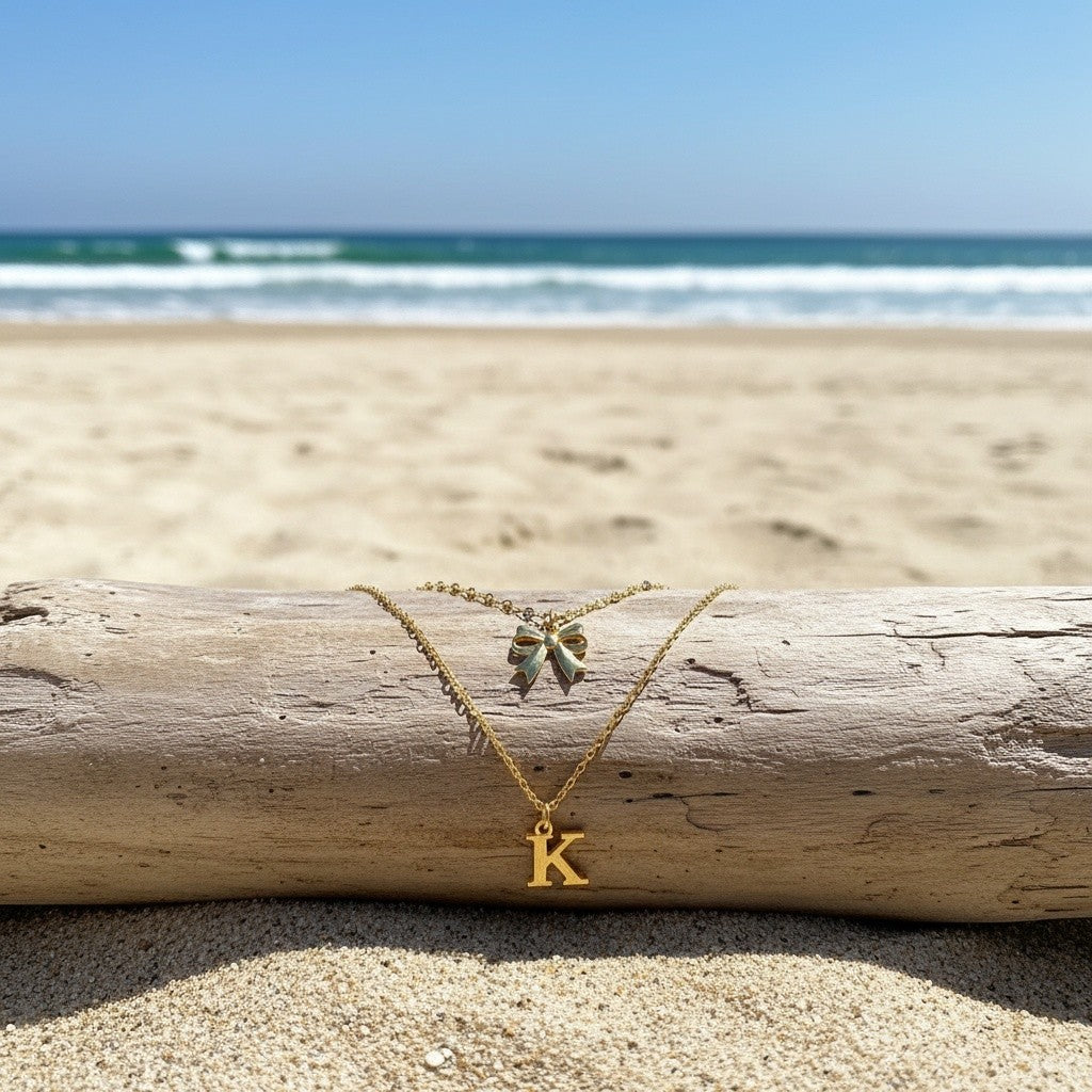 18k Dainty Bow & Initial Layered Necklace